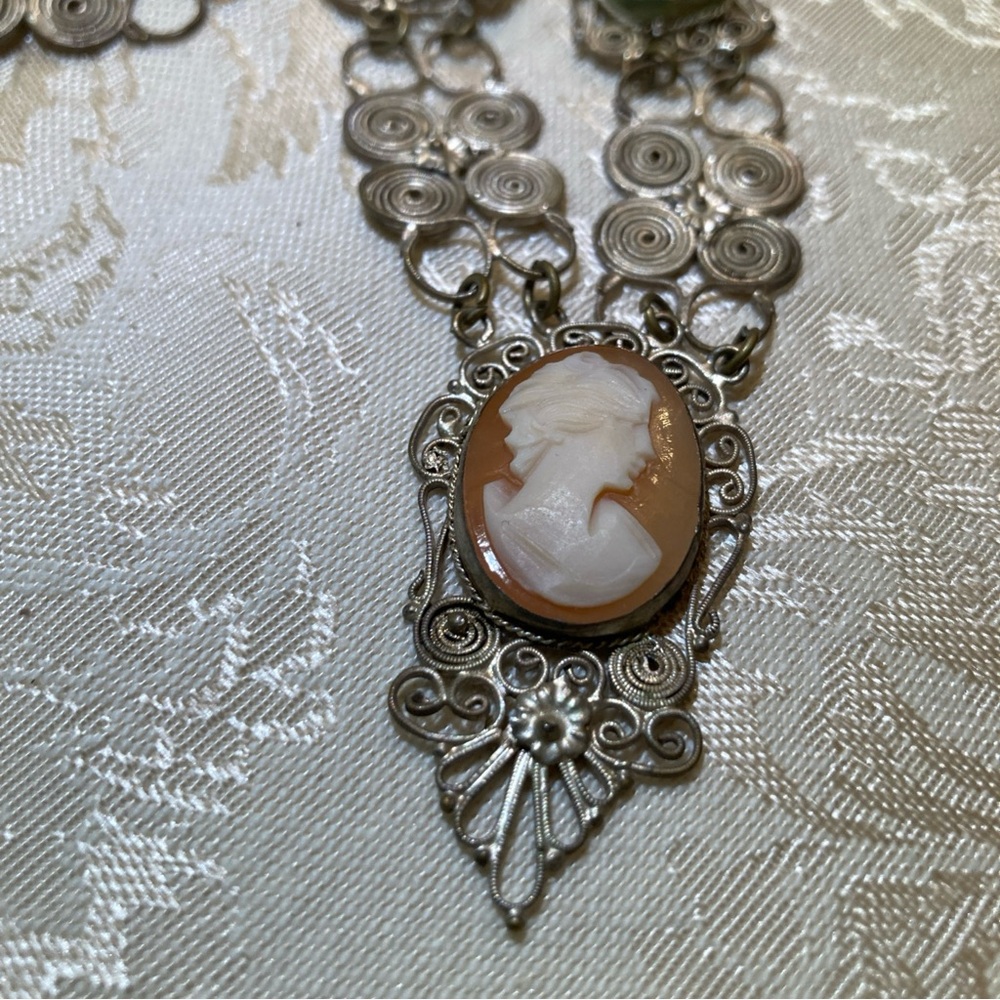 Vintage Silver and Blue Filigree Cameo Necklace & Bracelet set 1930’s - Picture 2 of 13